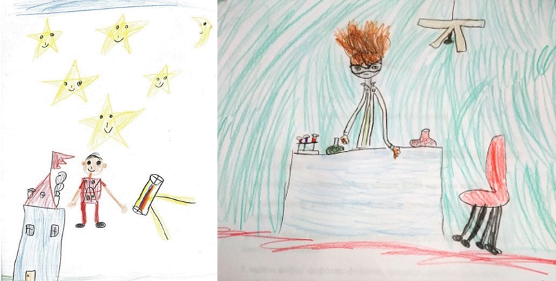Drawing of a 5-year-old boy picturing a man astronomer (left) and drawing of a 6-year-old girl picturing a woman scientist in a chemistry lab (right).